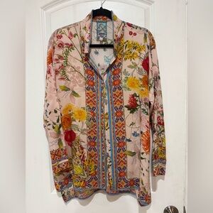 Johnny Was Floral Border Button Down Blouse Boho Rayon Size S